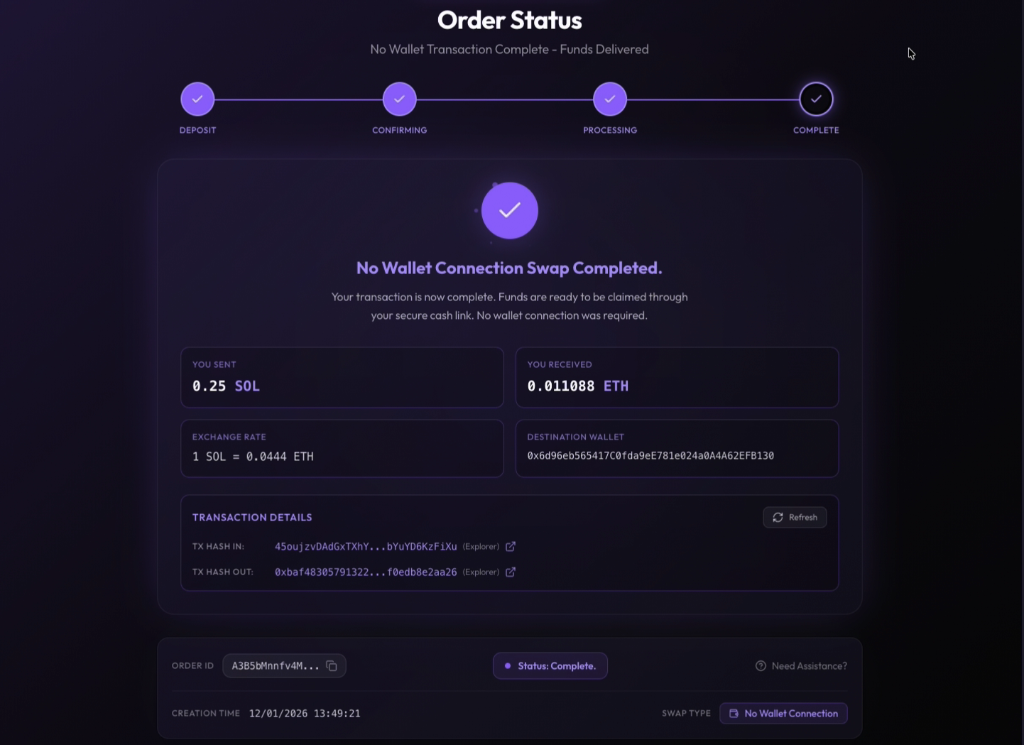 No-Wallet swap completed successfully