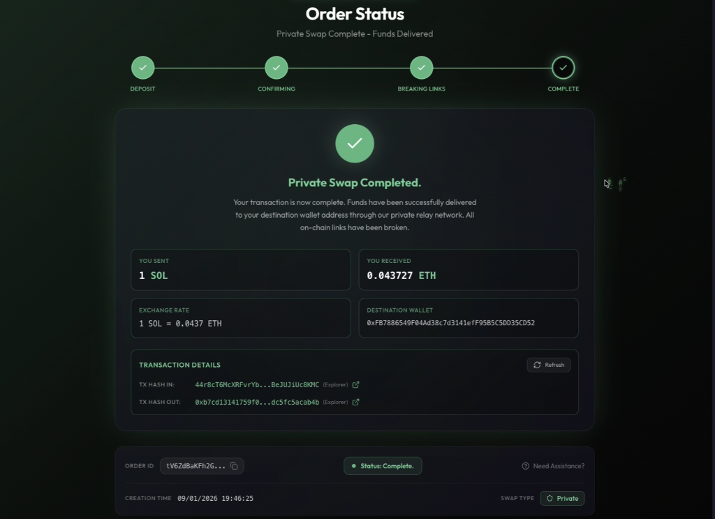 Private Swap completed successfully